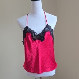Avon Intimates RedPink Satin Lingerie Cami With Black Lace Trim Size Medium